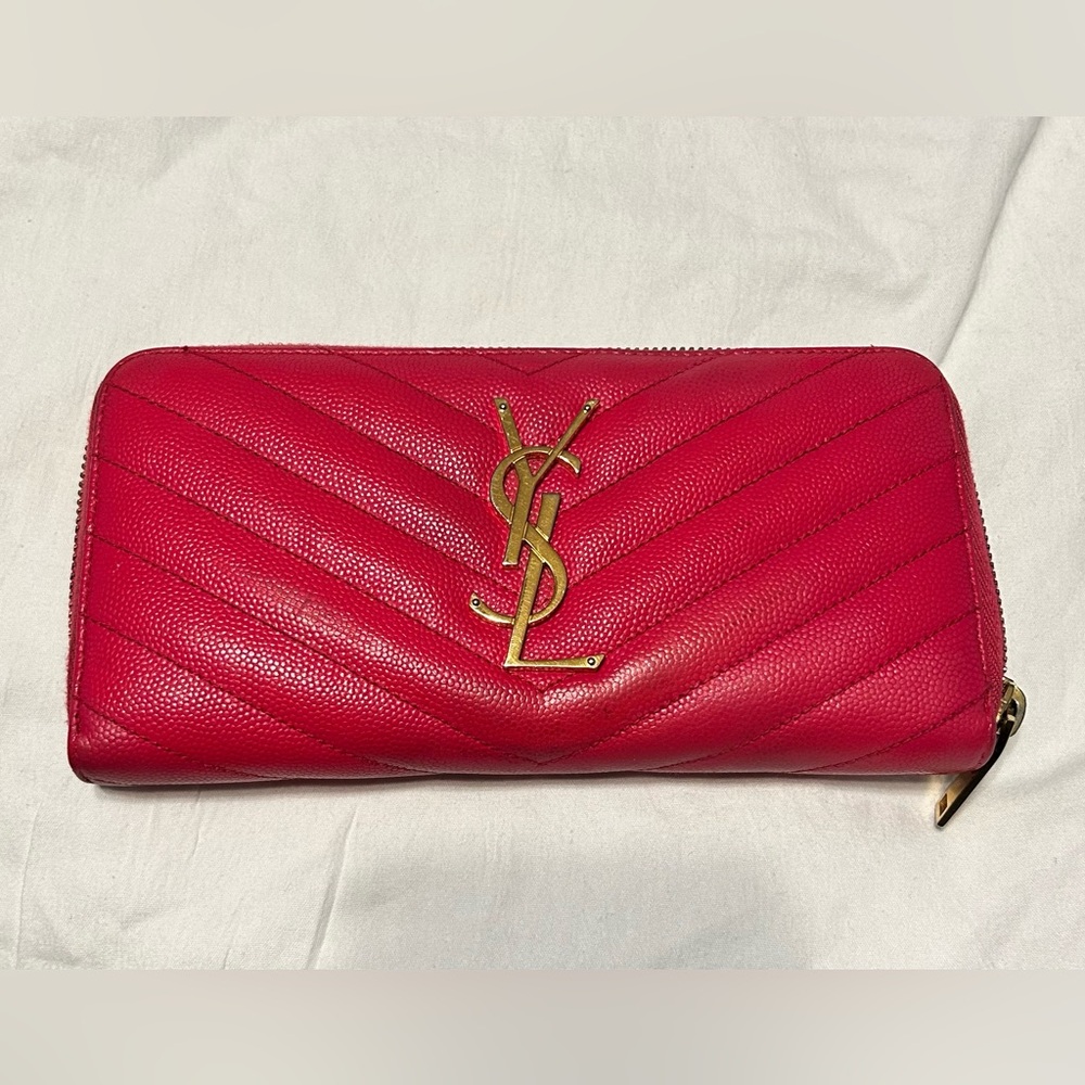 YSL Chevron quilted Cassandre Large zip wallet Pink